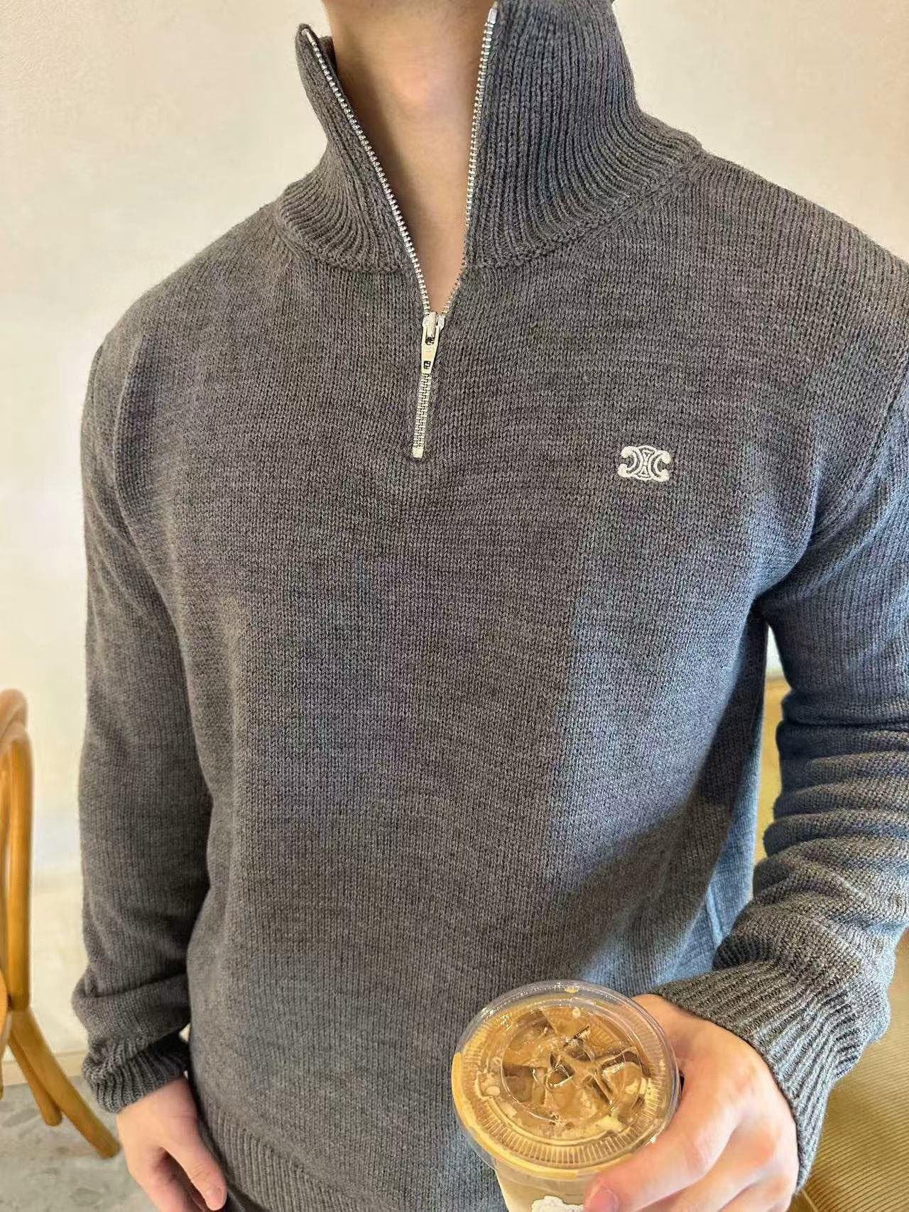 Celine Logo-Embroidered Wool &amp; Cashmere Blend Half Zip Grey - afbeelding 3