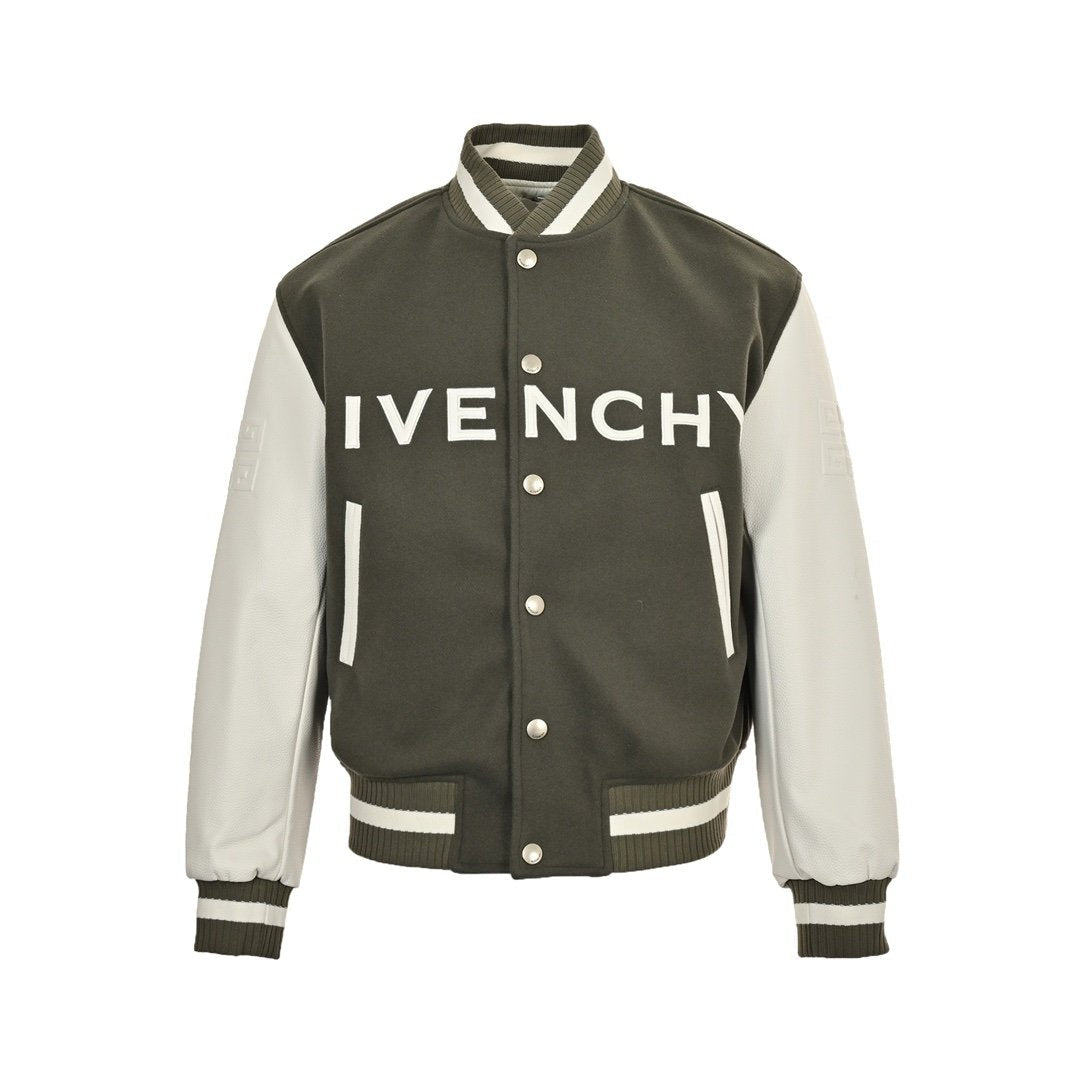 Givenchy Logo Jacket Varsity Jack In White Green Leather - afbeelding 1